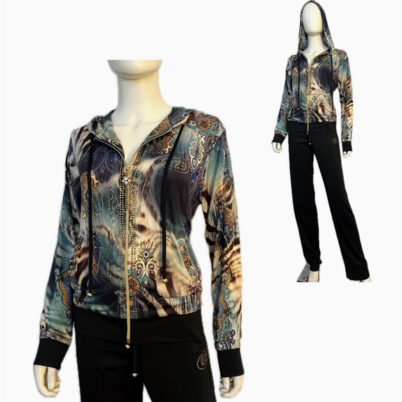 NWT WOMEN'S LYCRA TRACKSUIT 2PC SET‎ HOODED JACKET/BLACK PANTS ZIPED LOUNGEWEAR